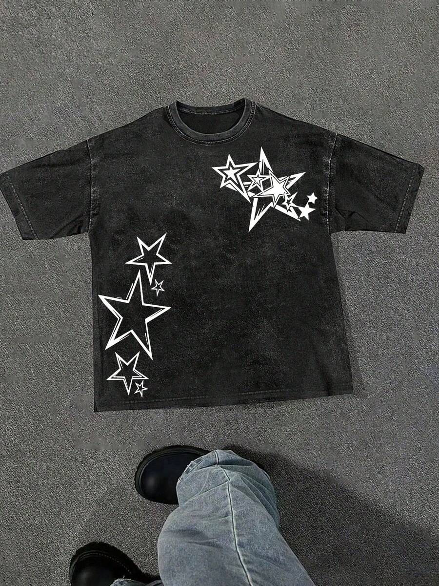 (230g T-Shirt)Men's Washed Cotton Star Graphic Tee, Oversized Loose Casual Crew Neck Short Sleeve T-Shirt, Retro Streetwear Comfortable Soft Top - màu đen - Xem 1