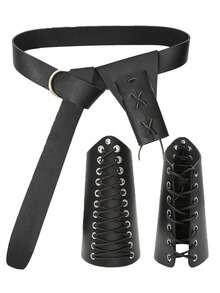 Multi-Piece Set Vintage Street Style Viking Belt, Leather Pouch, Arm Cuff Accessories, Viking Costume Leather Wristband, Scabbard, Retro Pouch, Suitable For Men