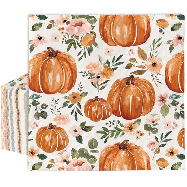 20pcs/40pcs/60pcs/Set,Autumn Pumpkin Paper Towel Watercolor Disposable Autumn Lunch Napkin Bohemian Floral Pumpkin Dessert Dinner Hand Towel For Thanksgiving Harvest Tea Party Supplies, 6.5 X 6.5 Inches