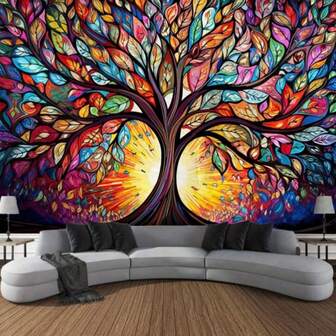 Vibrant Tree Of Life Tapestry - Colorful Stained Glass Sunrise Design, Horizontal Wall Hanging For Bedroom, Living Room, Dorm - Polyester Velvet Fabric, Chic Boho Home Decor, Bohemian Style Decoration