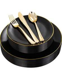 一套25个黑金圆形蛋糕甜点板，包含（7.5英寸/10.25英寸的侧托盘）和高品质水果沙拉板，可重复使用且易于清洁。非常适合婚礼、情人节、生日和节日派对。 - 彩色 - 查看 12