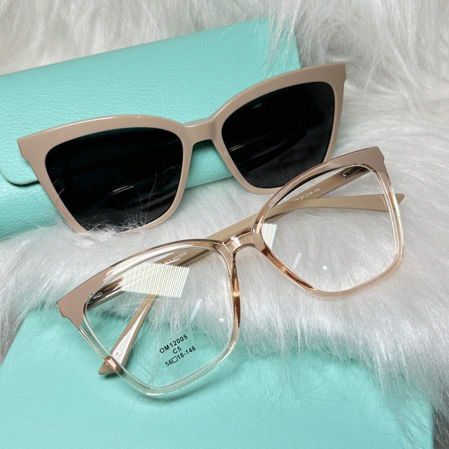 Women's 2-In-1 Clip-On Glasses Acetate Nylon Square Size L - Beige - View 1