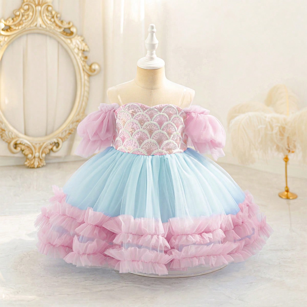Vestido de princesa elegante de cola de sirena con mangas abullonadas de malla con lentejuelas lavanda para niña, adecuado para cumpleaños, fiestas,