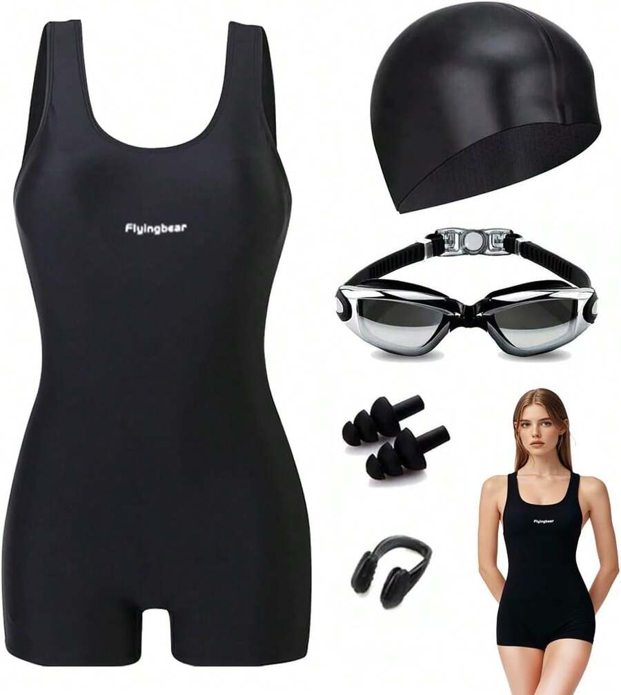 Traje De Baño Deportivo Mujer Natación + Gorra Y Goggles - Negro-XXL - Ver 1