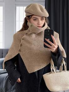 1pc New Knitted Women Shawl/Autumn Winter Fashion Multi-Color Warm Poncho, Winter Accessory Women Vest/Comfortable Neck Warmer Golden Accessory, Versatile Cleopatra Style Button-Up Cardigan For Dress - Multicolor - View 14