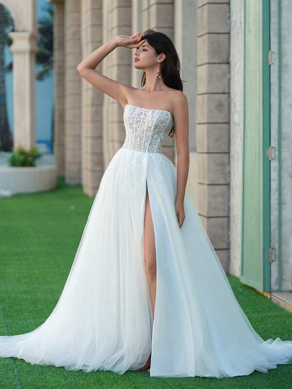 Nuevo vestido de novia largo con abertura alta, con encaje bordado y cuentas, sexy y sin tirantes