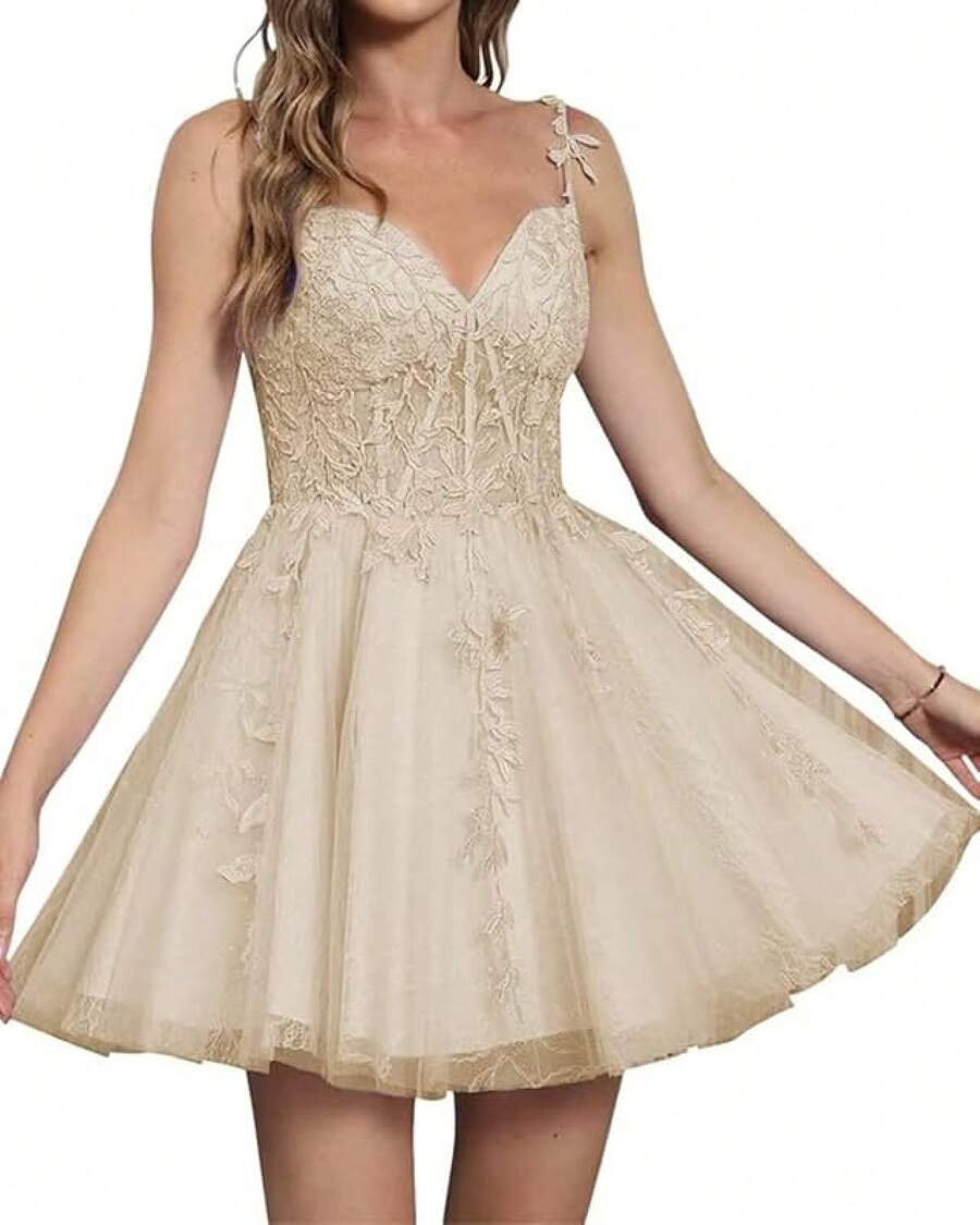 Homecoming Dresses For Teens Tulle Short Prom Dress Lace Applique Quinceanera Dresses - Rượu sâm banh - Xem 1
