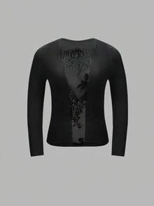 女士纯色长袖T恤，春秋季款 - 优雅、性感、独特，采用透视蕾丝拼接设计，适合晚宴、约会和街头穿着，尺码齐全，包括加大码，黑色 - 黑色 - 查看 2