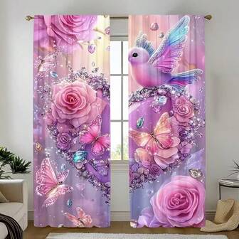 2pcs Pink Butterfly & Floral Print Curtains - Decorative Rod Pocket Treatment For Kitchen, Bedroom, Living Room, Office, Cafe, Holiday Home | Easy Installation, Machine Washable Polyester, Living Room Curtains
