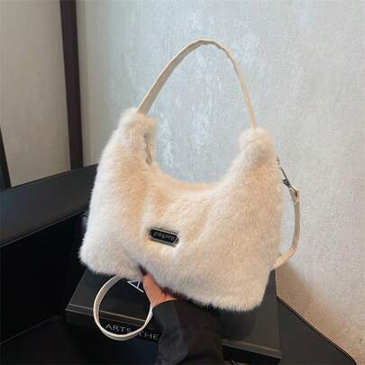 1 件纯色毛绒单肩包，配有可拆卸可调节长肩带，适合单肩、斜挎和手提，多功能收纳，秋冬