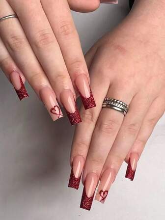Add A Touch Of Romance With 24pcs French Tip Medium Square Shape Press On Nails Glitter Red Heart Fit Perfectly Fake Nails Kit Full Cover False Nails Includes 1sheet Adhesive Tabs & 1pc Mini File For Daily Dating Office Home Party Women Jewelry Accessories False Nail Tips 1 File Strip Jelly Gel