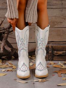 Fall/Winter Women's New Retro American Style Embroidered Leather Pointed Toe Western Boots, Pointed Toe Chunky Heel Tall Shaft Stylish Cowboy Boots, High Heel Chunky Heel Riding Boots, Fashion Punk Style Chelsea Boots - White - View 6