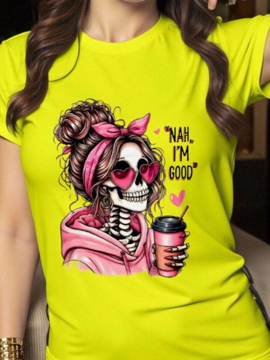 Playera camiseta mujer dama cuello redondo manga corta estampado GRAFICO DE CALAVERA MOÑO LACE SKULL GRAPHIC - Amarillo - Ver 1