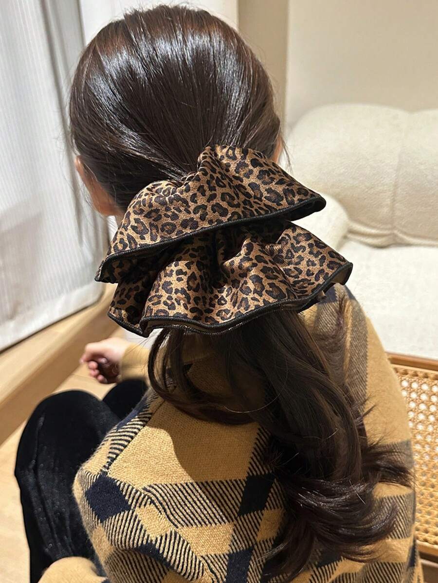 1 szt. Jesienna/zimowa nowa zamszowa gumka do włosów, bardzo duża, dwuwarstwowa, vintage'owa gumka do włosów z nadrukiem w panterkę, wysokiej jakości akcesorium do włosów dla kobiet, gumki do włosów