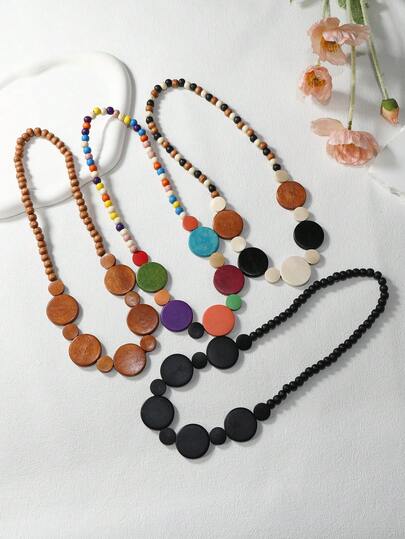 Bohemian Handmade Wooden Beaded Necklace, Geometric Wooden Slice Necklace
