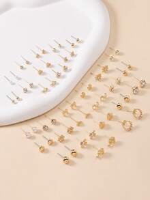 60件套时尚金属蝴蝶、爱心、水钻、月亮、蝴蝶结、花朵耳钉套装，珠宝礼品，适合女性日常佩戴 - 金黃色 - 查看 2