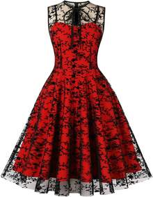 Women Mesh Floral Embroidery Vintage Cocktail Swing Dress Illusion 50s Goth Flared A Line Casual Wedding Prom Evening Dress - 寶藍色 - 查看 3