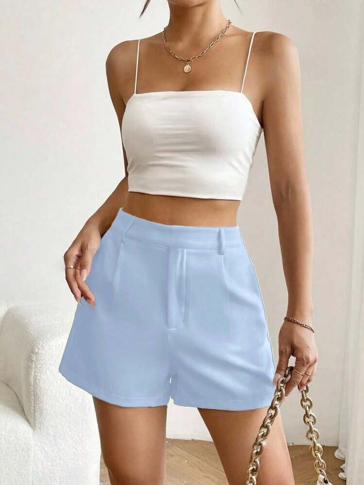 KLIOU Women's Simple Tailored Shorts With Zipper On The Side And Bag Light Blue - 淺藍色 - 查看 1