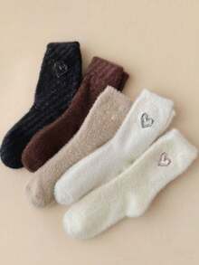 5/1 Pair Of Women's Heart Shaped Fuzzy Socks - Super Soft And Warm Mid-Calf Socks For Winter Lounging And Sleeping