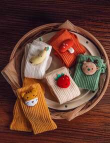 1 Piece Baby Cotton Socks, Medium Length, Cute With Cute Animal And Fruit Appliques, Upholstery - 亮橙色 - 查看 3