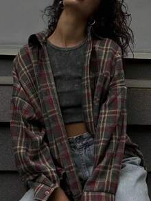 1 szt. poliestrowa kurtka w kratę z kieszenią z przodu, na guziki, do noszenia na co dzień na wiosnę i jesień