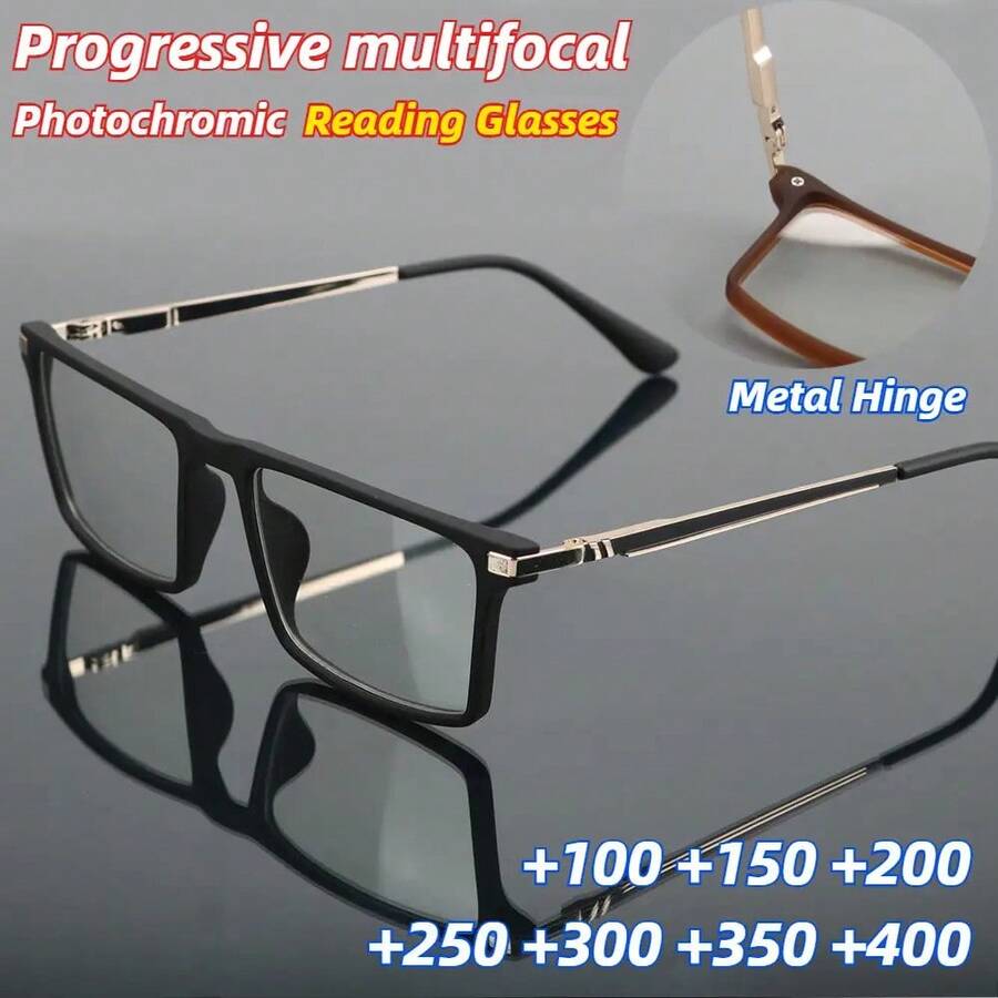 Multi-Focus Photochromic Glasses For Men And Women - Fashion Matte Frame Blue Light Glasses With Metal Nose Bridge And Reinforced Hinges - Unisex Reading Glasses Suitable For Indoor/Outdoor Use, Perfect Gift For Loved Ones, Elderly, Or Friends - 藍色 - 查看 1
