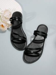 New Plus Size Women Comfortable Simple Round Toe Slip-On Flat Sandals, Casual Fashion Open Toe Slippers For Beach, Summer
