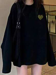 心形印花长袖圆领 T 恤，休闲宽松百搭女式上衣，秋季 - 黑色 - 查看 4