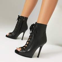 11.5 厘米高跟女式舞靴，现代爵士舞踝靴，仿皮侧拉链系带露趾，适合派对、舞蹈、健身，四季穿着舒适