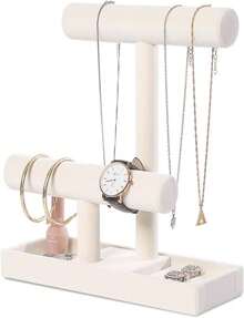 ByKen Multi-Functional 2 Tier Jewelry Holder,Necklace Bracelet Holder With Earrings Rings Tray,Jewelry Organizer Stand For Scrunchie Watches(Beige Velvet) - MàuA - Xem 2