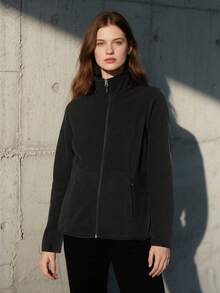 女士冬季外套 经典版型 全拉链 极地柔软抓绒夹克 带口袋 秋/春季保暖服装 修身 毛绒套装 - 黑色 - 查看 2