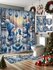 1/4 pièces Ensemble de rideaux de douche d'hiver de Noël, boules de Noël bonhomme de neige, cadeaux. Rideau de douche en polyester bleu mignon, imperméable et lavable pour la décoration de la salle de bain de Noël, avec 12 crochets. Tapis de bain en U et housse de siège de toilette non inclus