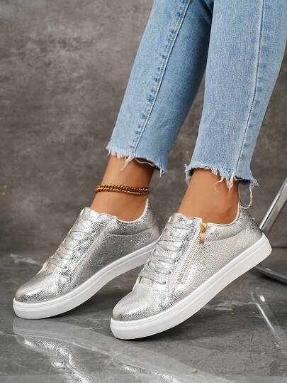 女士新款时尚舒适休闲运动鞋，撞色闪光经典系带运动鞋，户外穿侧拉链圆头休闲鞋