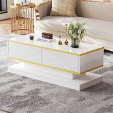 [Designer Couchtisch mit Goldakzent]100x50cm Hochglanz-Sofatisch mit 2 Schubladen | Eleganter Beistelltisch in warmweiß/gold | Schmaler Mittelteil mit breiter Ablagefläche