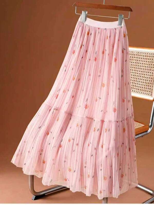 Vestido maxi elegante con pliegues y estampado floral luminoso para mujer - Patrón floral colorido, cintura alta, diseño fluido, adecuado para todas las estaciones, falda de cintura alta, excelente para Navidad y Año Nuevo