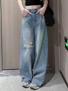 复古蓝色牛仔阔腿高腰直筒牛仔裤，春夏女士 - 藍色 - 查看 11