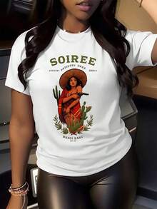 Camiseta gráfica Soiree Artistry para mujer, con estampado artístico de vaquera occidental, diseño de cactus Bangi Bang, ilustración única, cómoda y elegante para usar a diario. Talla extragrande. - Blanco - Ver 2