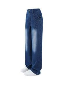 1 pezzo Jeans in denim lavaggio scuro con fiocco, stile casual retrò semplice e confortevole, nuovo per autunno/inverno, per ragazze
