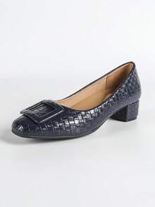 Women's Square Toe Comfortable Chunky Heel Soft Bottom Work Shoes, Solid Color High Heels - Navy Blue - View 7
