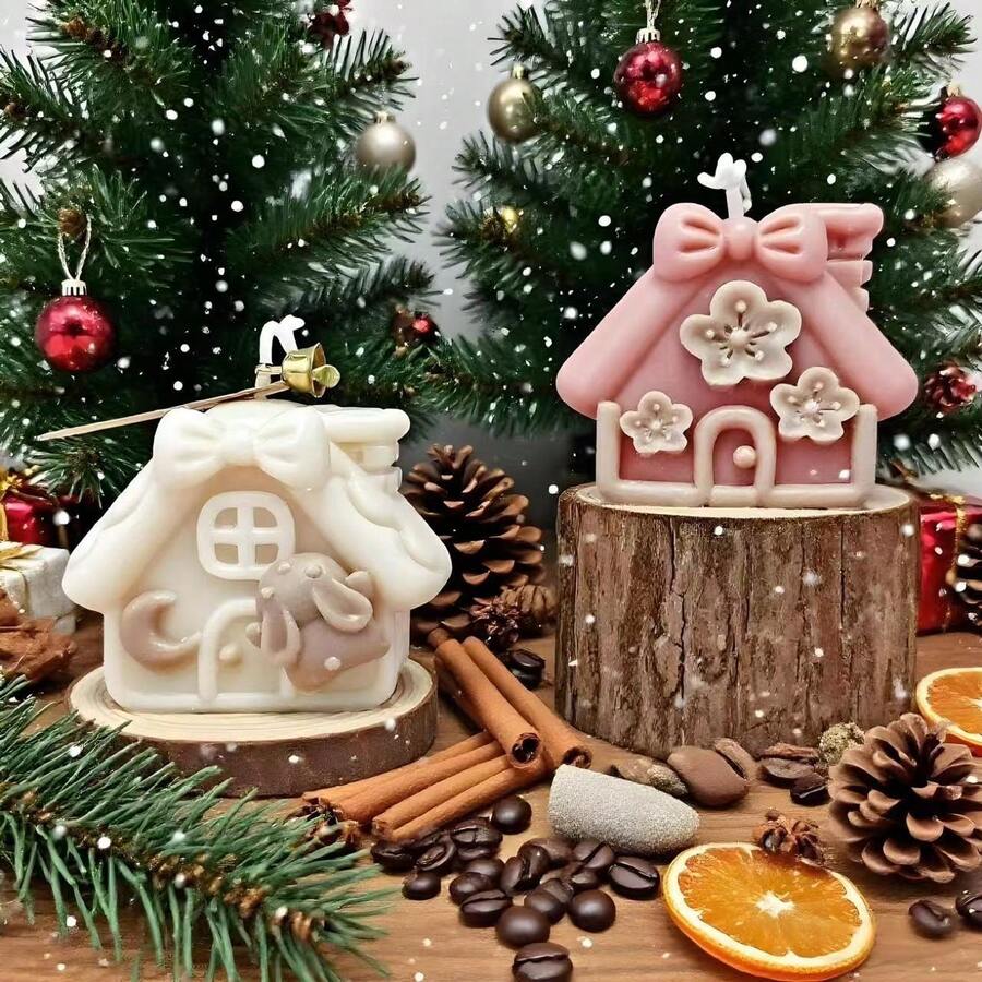 1pc 3D Christmas House Scented Candle Silicone Mold DIY Christmas House Peach Blossom House Scented Stone Plaster Home Decor Silicone Mold