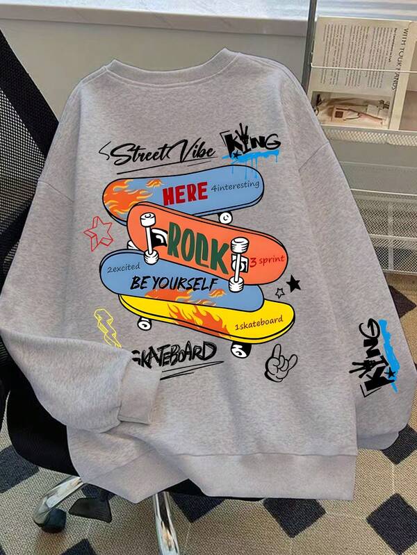 1 Boy's Long Sleeved Round Neck Pullover With "Skateboard" Print Pattern, Providing A Comfortable, Fashionable, And Casual Autumn And Winter New Top For Young Boys/Tween Boys/Teen Boys,Shoulder Hoodie Sweatshirt, Autumn/Winter,Sweatshirt For School, Shopping, Streetwear And Vacation Wear.Suitable For Boys And Girls To Wear,Suitable For Daily Wear,Can Be Given As A Gift To Family, Boyfriend,Girlfriend, Friends,Also Makes A Great Gift