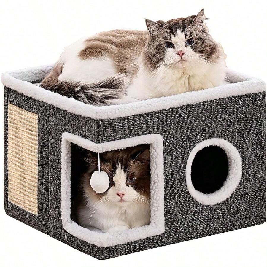 Cat Beds For Indoor Cats Large Cat Cave With Fluffy Ball And Scratch Pad Foldable Cat Scratch House With Hideaway Condo For Kitten 16x16x13inch Grey - SingleA - View 1