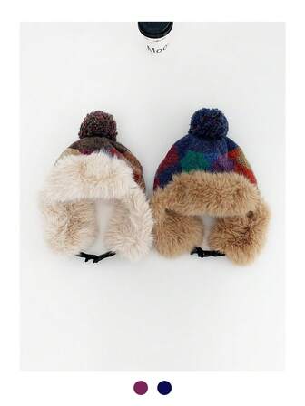 女士彩色毛绒针织护耳帽，温暖加厚冬季时尚捕兽帽，复古阿拉斯加风格蓬松护耳帽