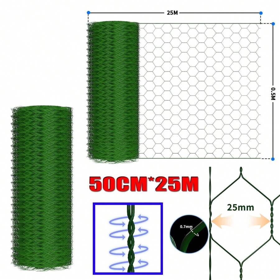 Sechskantgeflecht 6-Eck 25m - 50cm hoch - Gartenzaun Maschendraht - Maschenweite 25mm Drahtgitter Zaun - PVC-beschichtetes Grün Gartenzaun