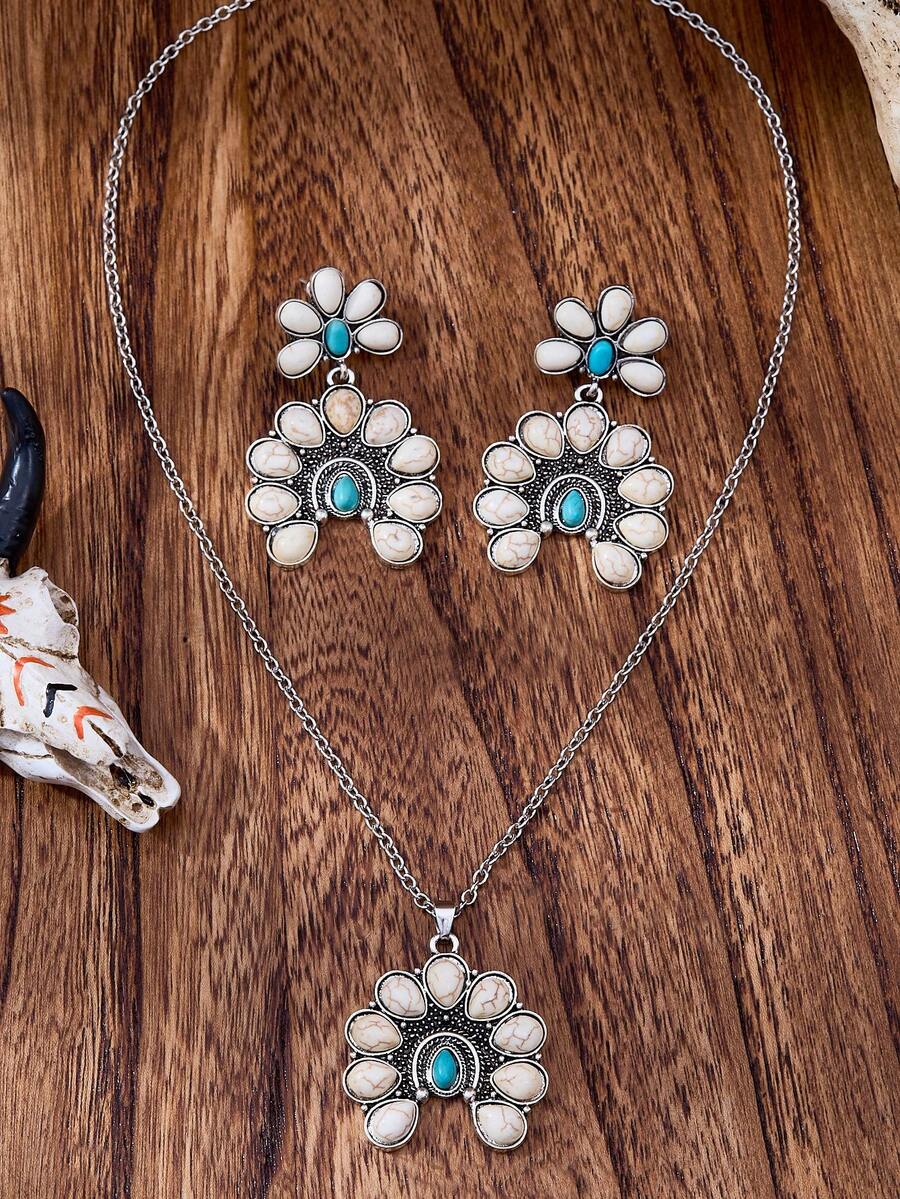 MONLOTTI 3pcs Western Vintage Cowgir Horse Shoe Turquoise Necklace Earring Set,Charm Pendant Necklace Set, Bohemian Turquoise Necklace Earring Set,Gift For Woman