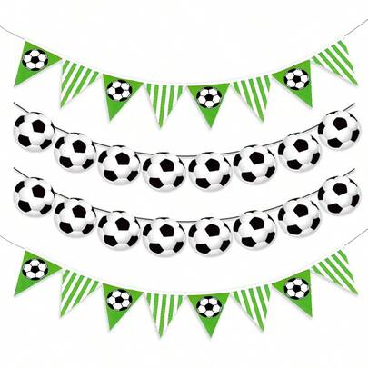 Soccer Party Banner Decoration - 1 Set Of Paper Football Garlands For Sports Theme Activities, Birthday Parties, Double Flags, No Electricity Required