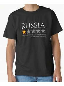 Camiseta masculina da campanha russa de Napoleão Bonaparte - Design militar histórico engraçado e não recomendado por Napoleão, gola redonda 50% algodão, manga curta, camisa preta casual unissex com emblema do exército russo e estampa do mapa da invasão de Napoleão em março de 1812 - Conforto em todas as estações para fãs de história e militares. Uso diário, looks de verão, estampas vintage, material durável, tecido respirável. - Preto - Ver 1