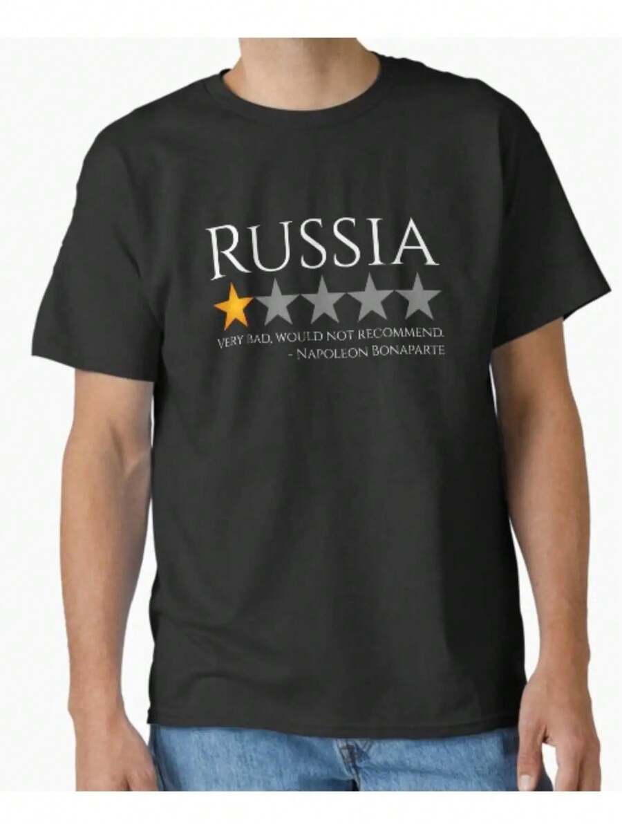 Camiseta masculina da campanha russa de Napoleão Bonaparte - Design militar histórico engraçado e não recomendado por Napoleão, gola redonda 50% algodão, manga curta, camisa preta casual unissex com emblema do exército russo e estampa do mapa da invasão de Napoleão em março de 1812 - Conforto em todas as estações para fãs de história e militares. Uso diário, looks de verão, estampas vintage, material durável, tecido respirável. - Preto - Ver 1