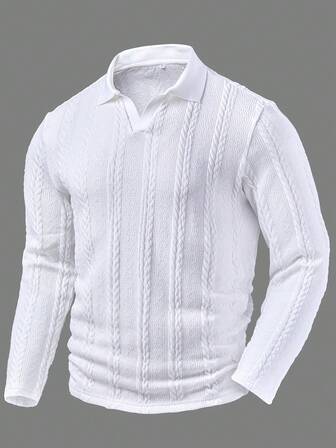 Men's Textured Polo Shirt, Long Sleeve, Elastic Jacquard Polyester Fabric, Casual & Fashionable Outdoor Sportswear, Suitable For Spring/Autumn Daily, Work And Vacation Wear