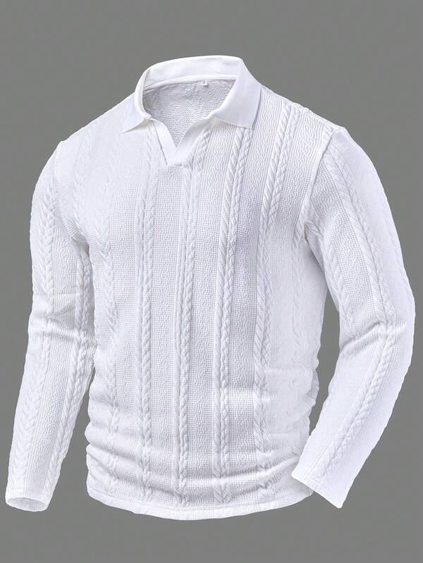 Men's Textured Polo Shirt, Long Sleeve, Elastic Jacquard Polyester Fabric, Casual & Fashionable Outdoor Sportswear, Suitable For Spring/Autumn Daily, Work And Vacation Wear